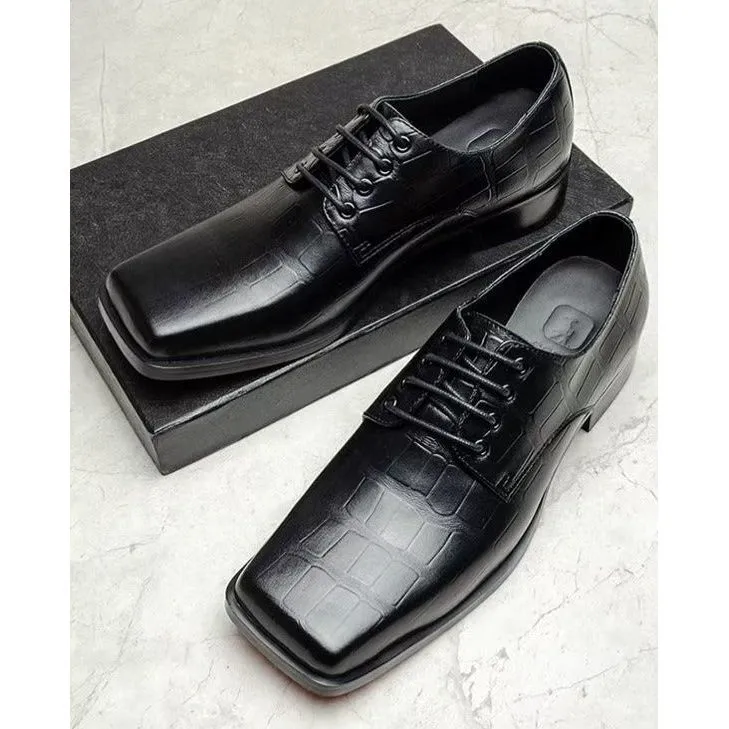 Elegant Embossed Leather Square Toe Lace-Up Dress Shoes