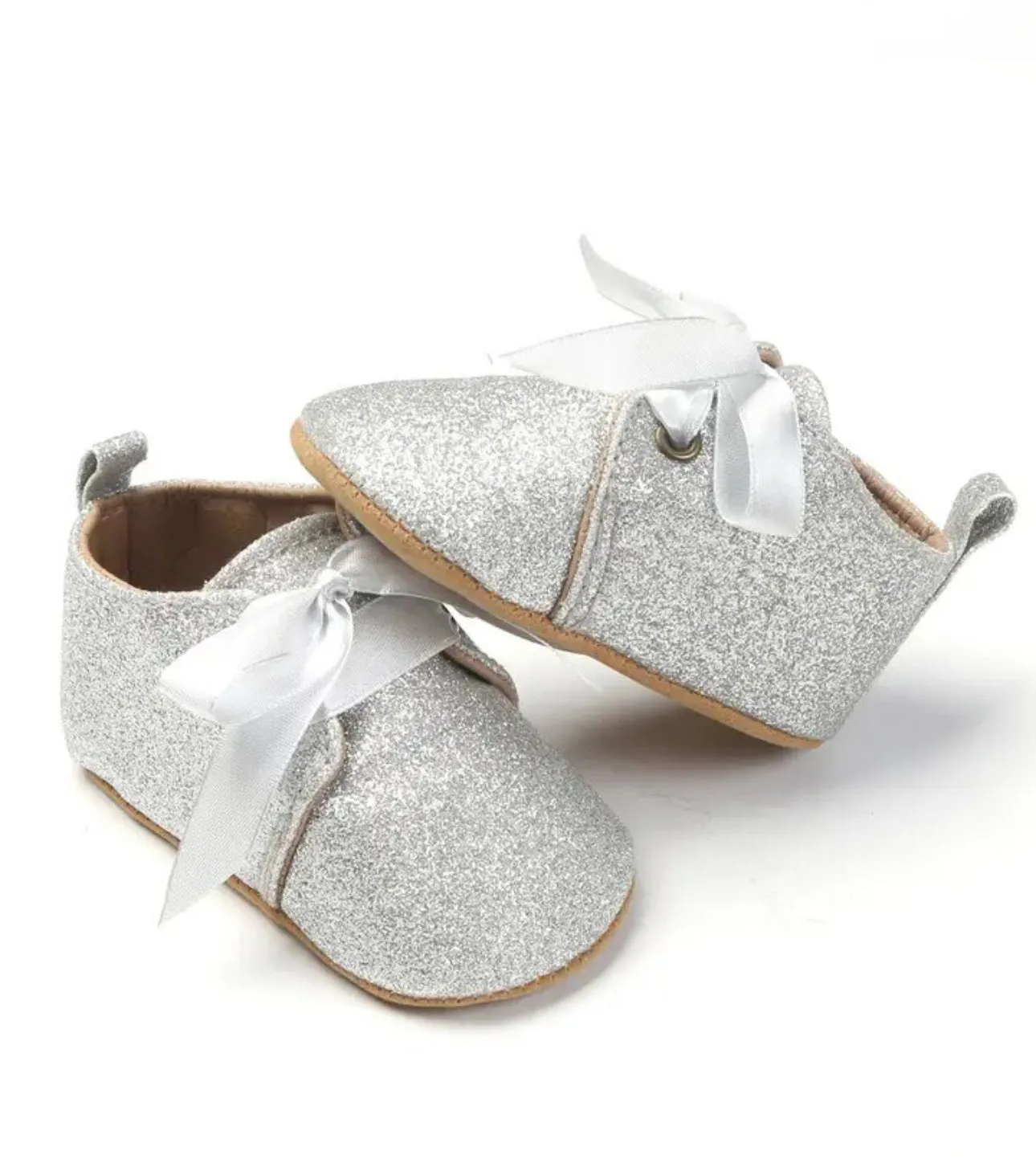 Glitterati- Silver Glitter Baby Shoes - First Walker Vegan Leaher with Velcro Straps