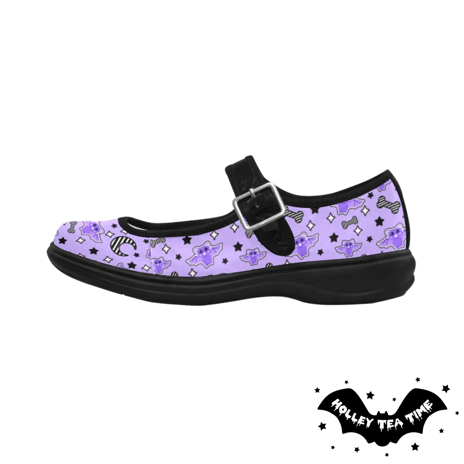 Magical Kawaii Spooky Bats Purple Women's Satin Mary Jane Shoes