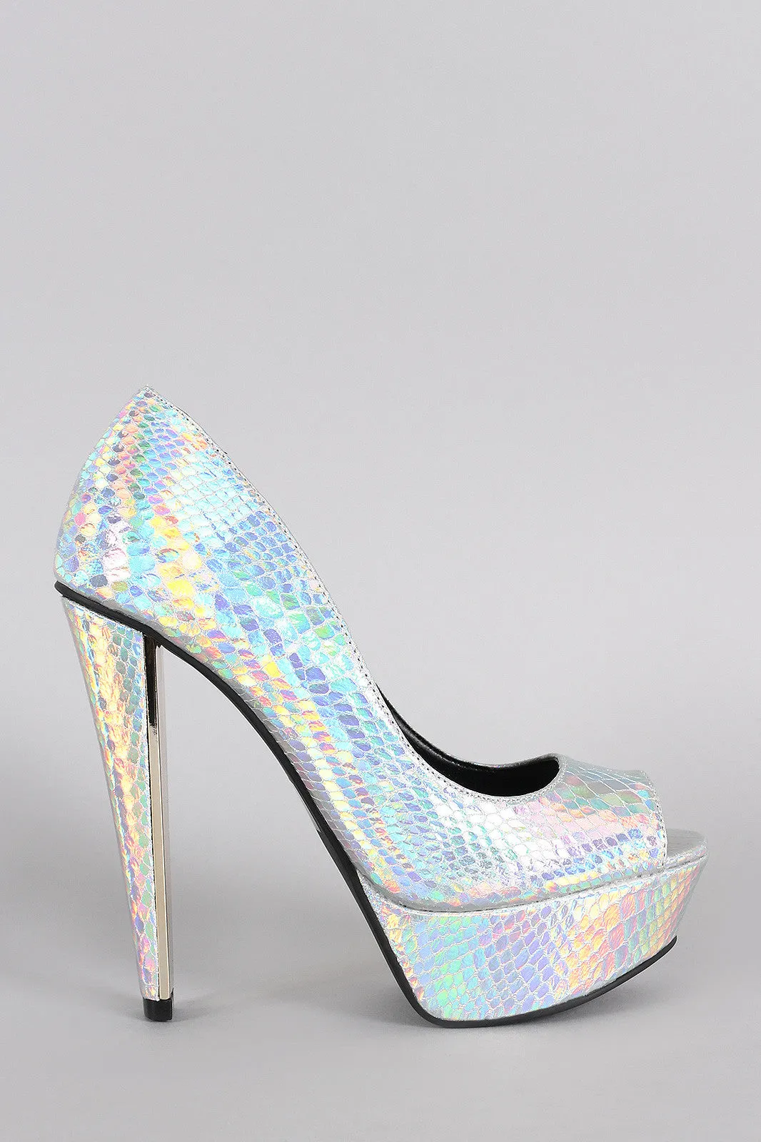 Qupid Iridescent Snakeskin Peep Toe Platform Pump